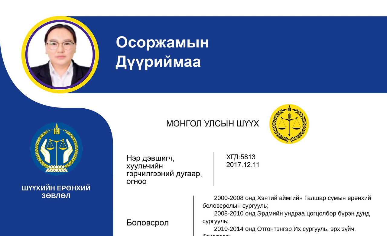 Эрүү, Иргэний хэргийг харьяалан шийдвэрлэх анхан шатны шүүхийн шүүгчид нэр дэвшигч О.Дүүриймаагийн мэргэжлийн үйл ажиллагааны танилцуулга