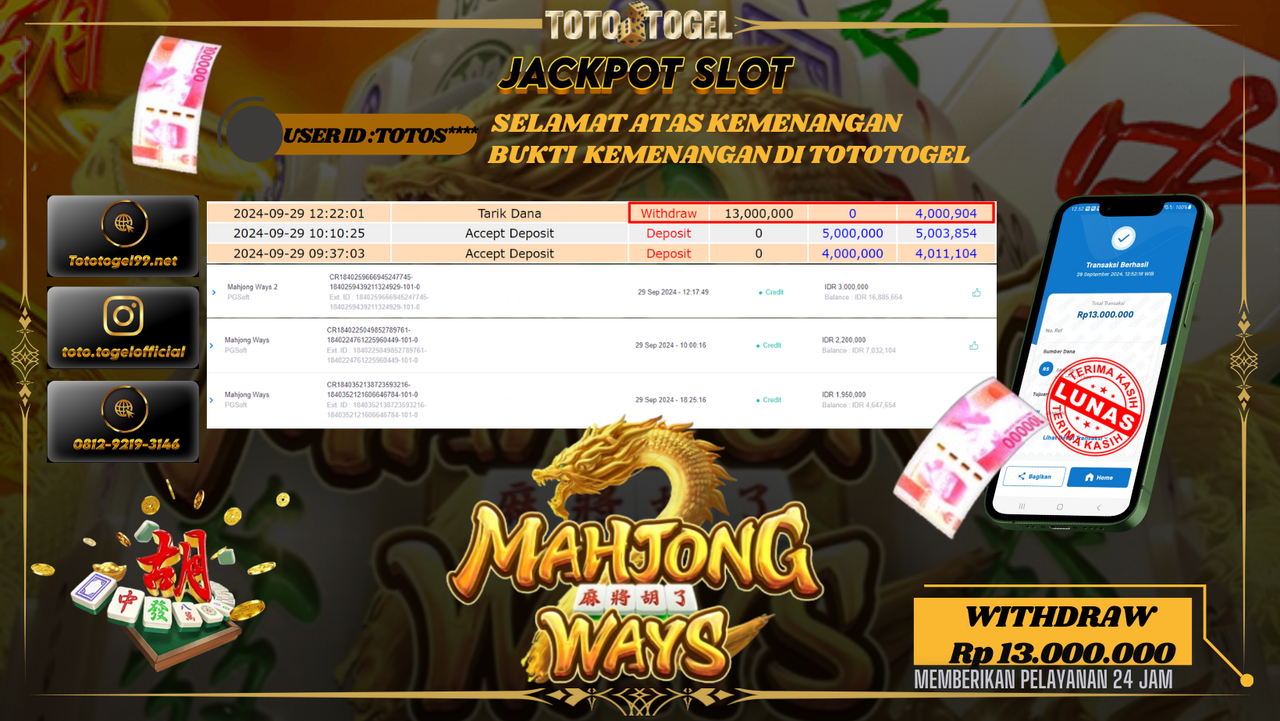 Bukti Kemenangan Permainan SLOT Mahjong Wayz ID : TOTOS** Terbayar Lunas!!