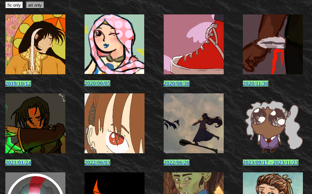 Screenshot of a webpage containing a grid with thumbnails of various digital art pieces. At the top, a 'toggle art' button has been selected.