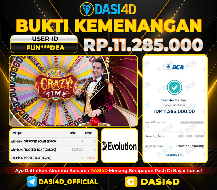 BUKTI KEMENANGAN 24 SEPTEMBER  2025 DI  CRAZY TIME  RP. 11.285.000