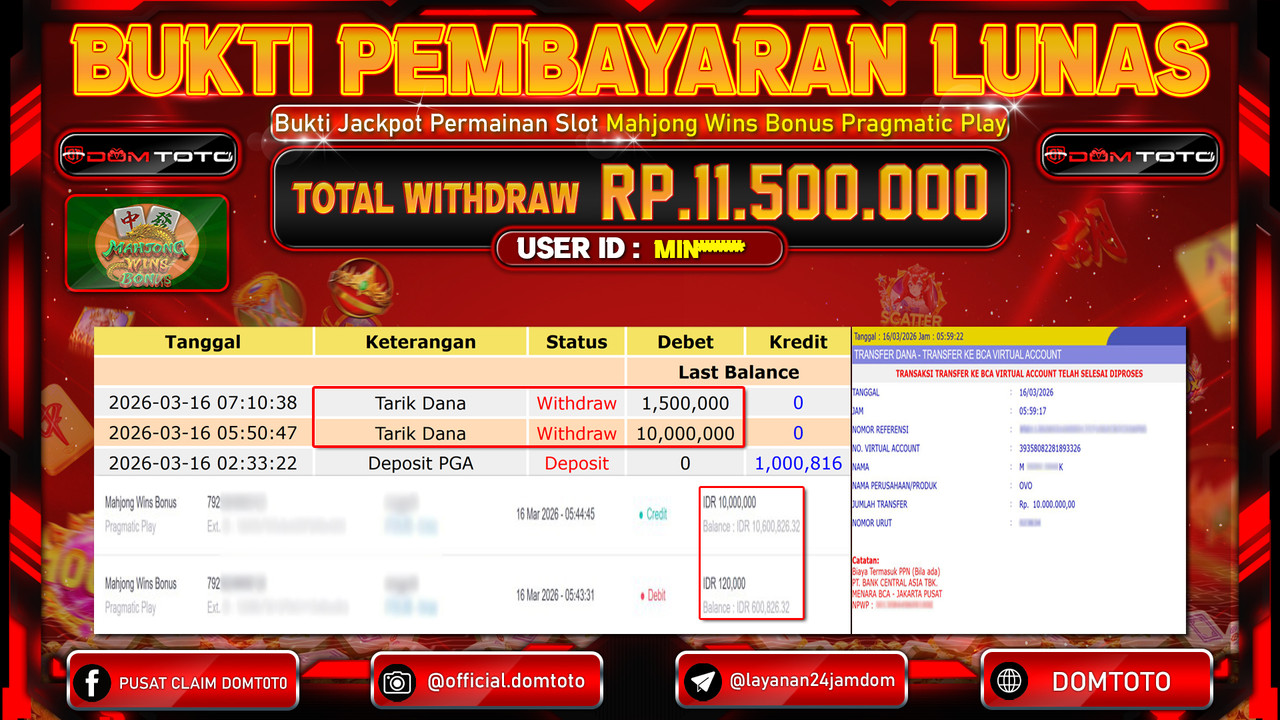 JACKPOT SLOT Mahjong Wins Bonus Pragmatic Play 16 MARET 2026