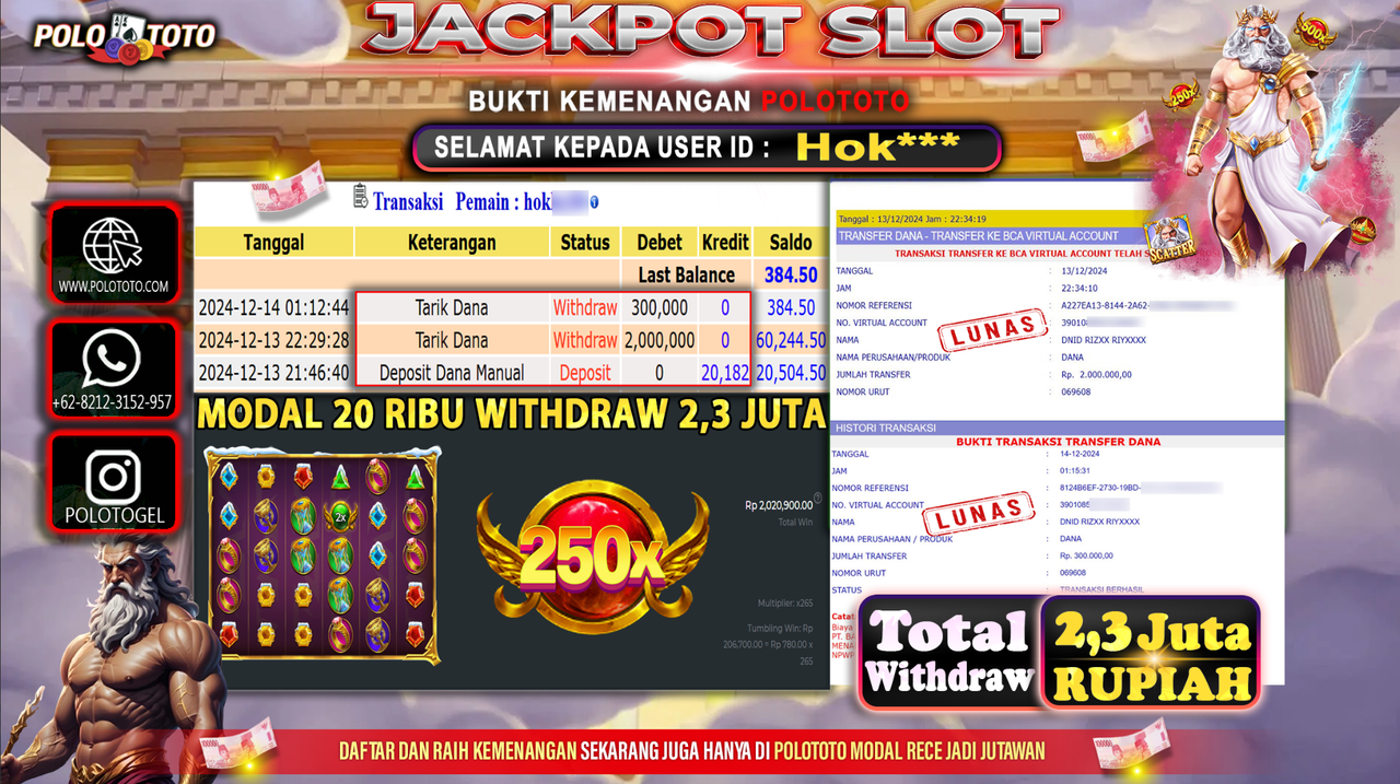POLOTOTO JACKPOT SLOT GATES OF OLYMPUS Rp.2,300.000,-