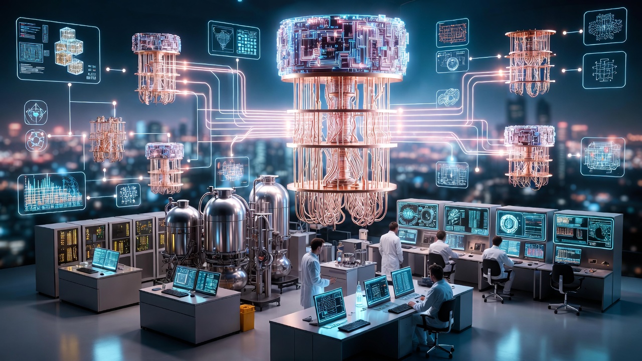 Futuristic visualization of quantum computing integration in everyday technology and infrastructure