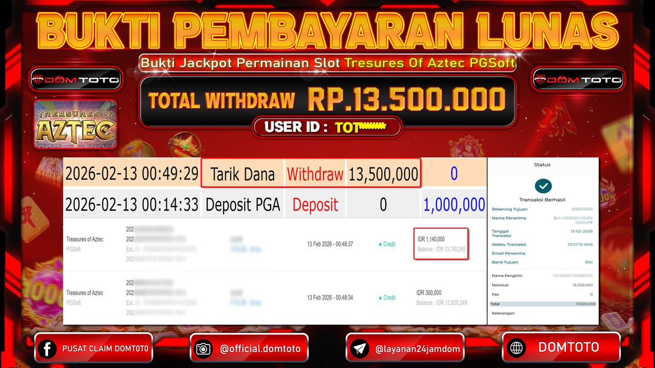 JACKPOT SLOT Menang Slot Treasures of Aztec PGSoft 13 FEBRUARI 2026