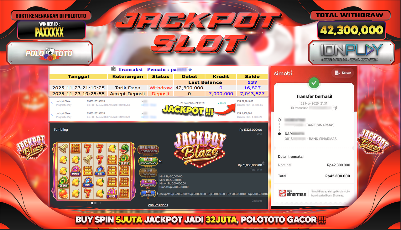POLOTOTO JACKPOT SLOT JACKPOT BLAZE Rp.42.300.000,- LUNAS