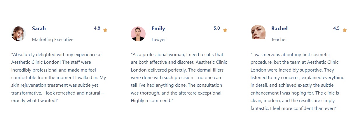 Clients testimonials sciencebeauty featuring patient feedback and ratings.