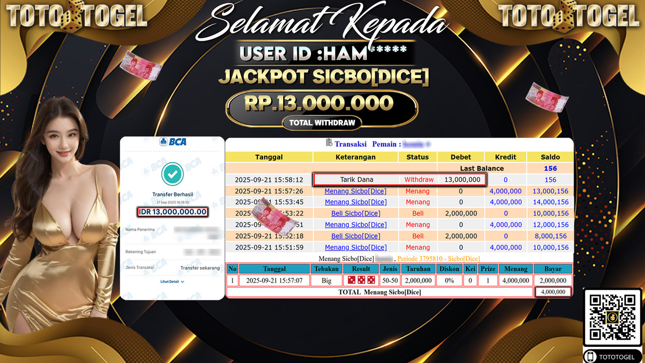 Bukti Pembayaran Jackpot Permainan Live Games Sicbo[Dice] ID:HAM*** LUNAS