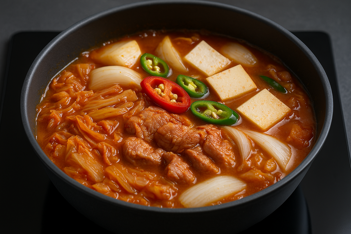 고추와 양파가 들어간 김치찌개가 끓는 모습