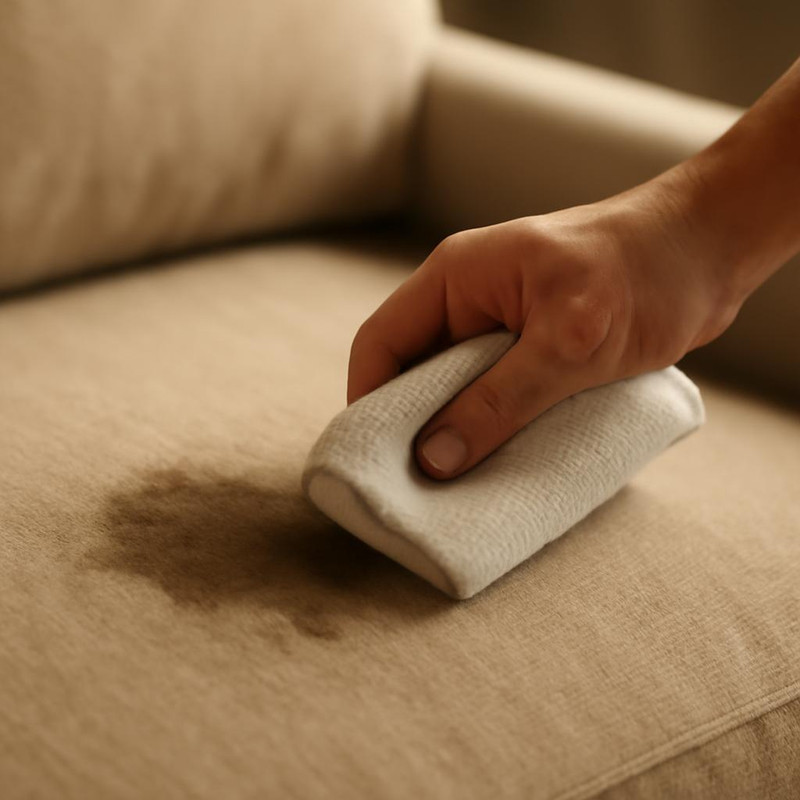 Процесс удаления водорастворимых пятен с обивки дивана