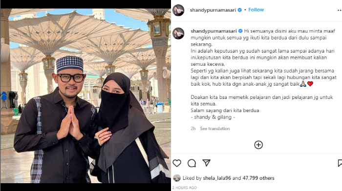 Shandy Purnamasary umumkan bakal berpisah dengan Gilang Juragan 99.