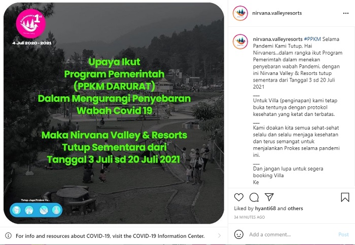 Pengumuman penutupan sementara Nirvana Valley Resort Bogor.