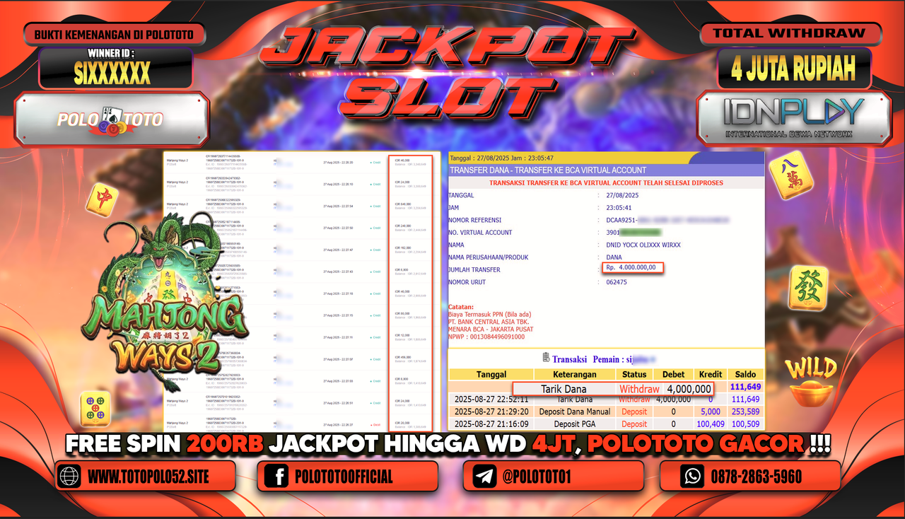 POLOTOTO JACKPOT SLOT MAHJONG WAYS 2 Rp.4.000.000,- LUNAS