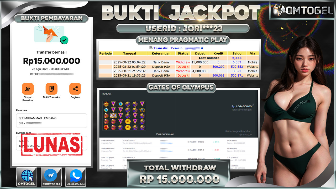 OMTOGEL JACKPOT PRAGMATIC PLAY GATES OF OLYMPUS 15 JUTA DI BAYAR LUNAS ,-