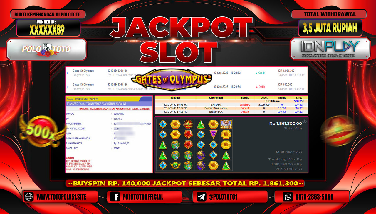 POLOTOTO JACKPOT SLOT GATES OF OLYMPUS 1000 Rp.3.500.000,- LUNAS