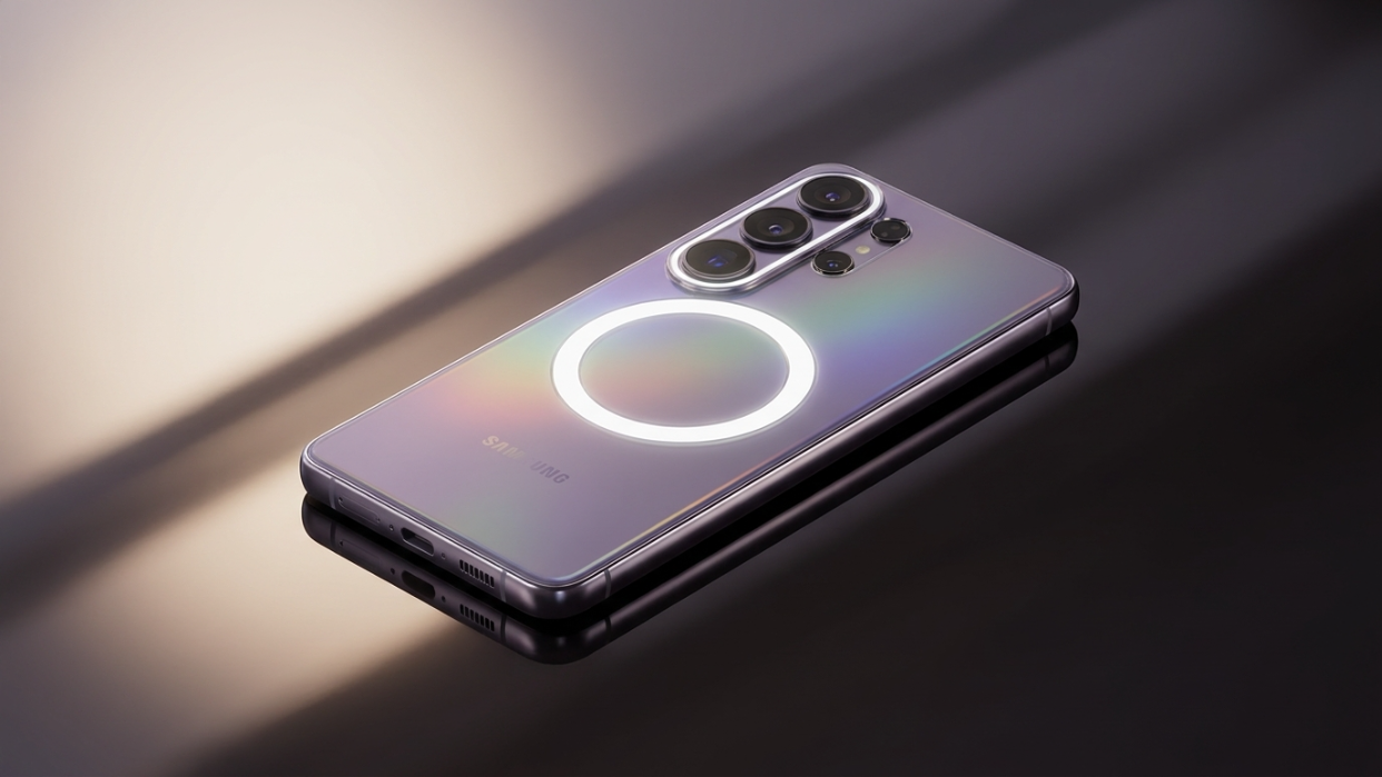 Funda magnética transparente Miracle S26 Ultra instalada en un dispositivo