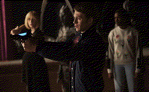 A dithered image of Charlie pointing a gun. Quill and Tanya are standing around in the background, doing nothing.
