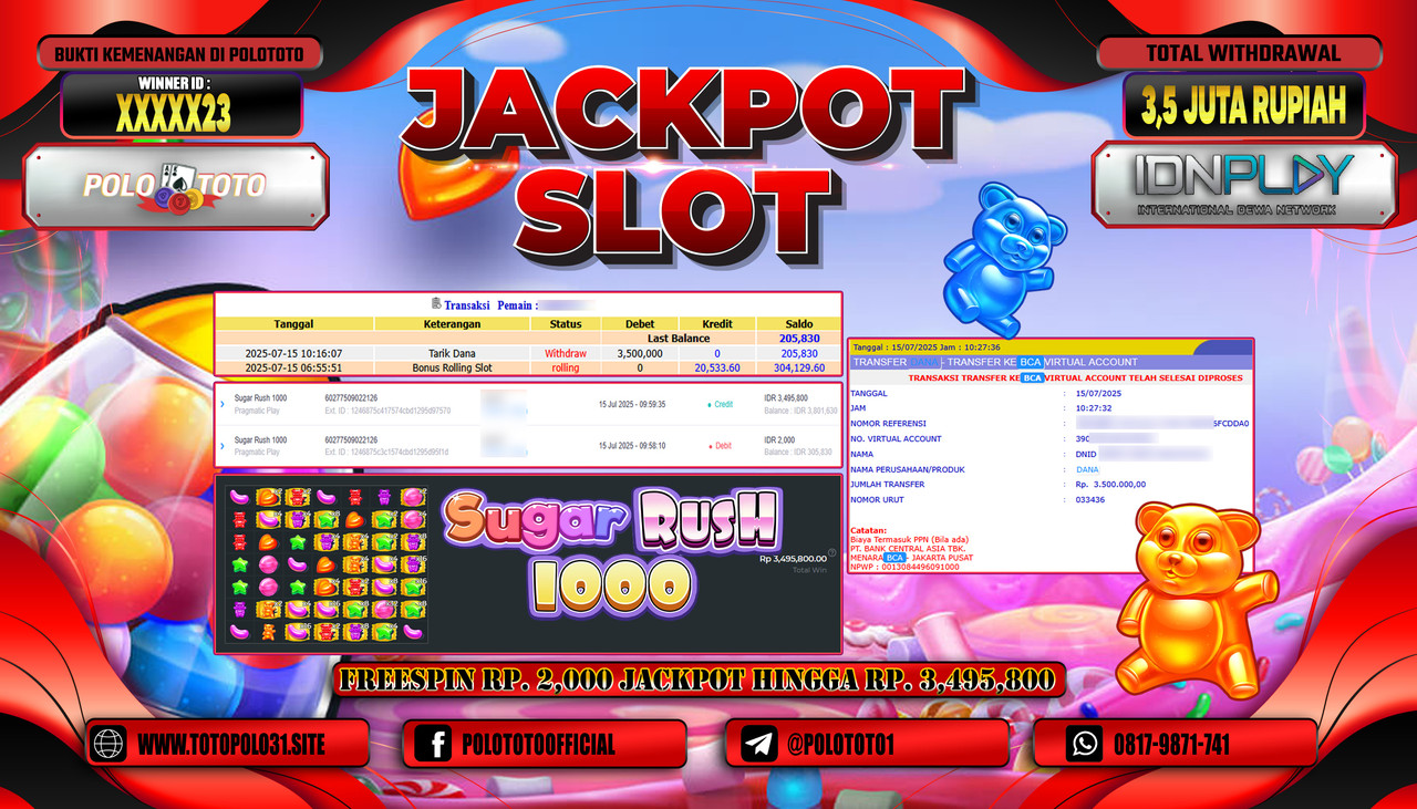 POLOTOTO JACKPOT SLOT SUGAR RUSH 1000 Rp.3.500.000,- LUNAS