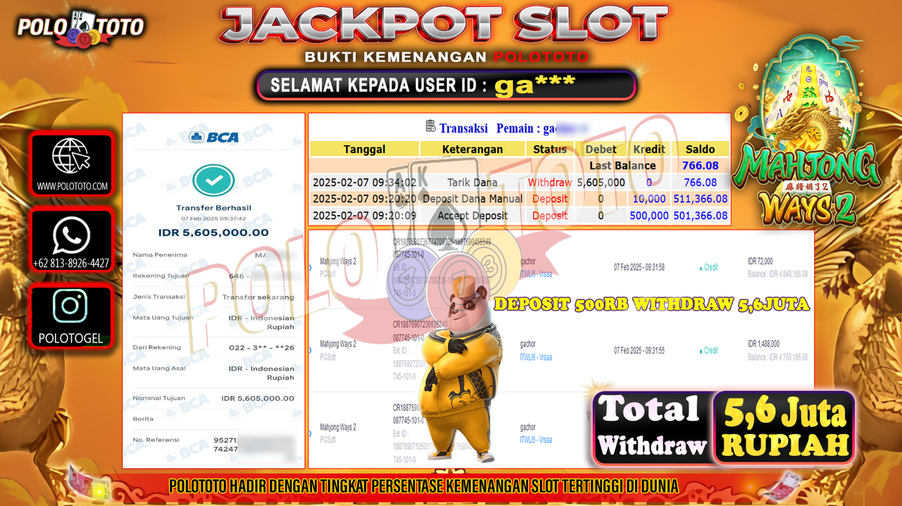 POLOTOTO JACKPOT SLOT MAHJONG WAYS 2 Rp.5,605.000,-