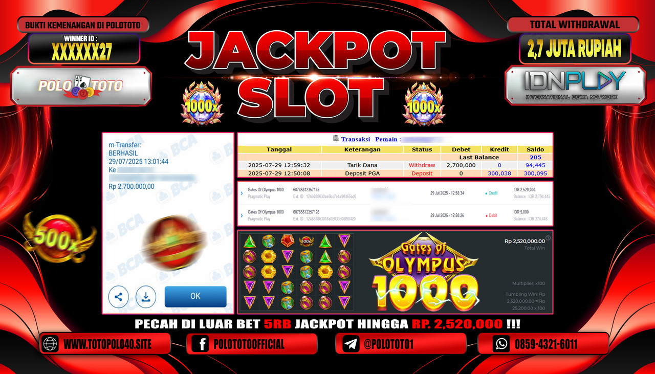 POLOTOTO JACKPOT SLOT GATES OF OLYMPUS 1000 Rp.2.700.000,- LUNAS