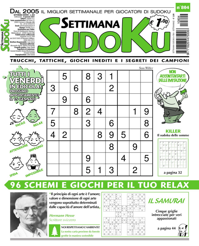 Settimana Sudoku N.804 – 07 Gennaio 2021