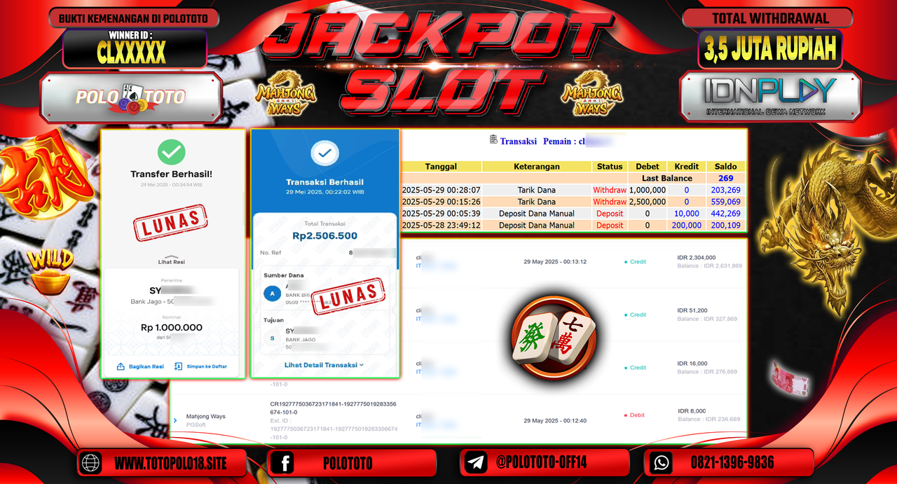 POLOTOTO JACKPOT SLOT MAHJONG WAYS Rp.3.500.000,-