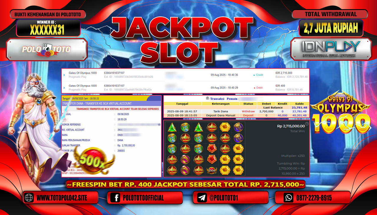 POLOTOTO JACKPOT SLOT GATES OF OLYMPUS Rp.2.700.000,-LUNAS