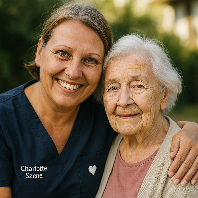 Charlotte Szene mit einer Seniorin im Freien - professionelle Betreuung mit Herz