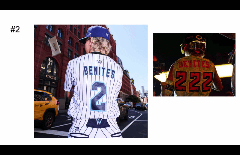 Gif of two images of Denae Benites' back, one showing her WPBL jersey and the other her Loco Coconuts jersey. Four red arrows point to the number 2 on the former, and three red circles circle the number 222 on the latter. Beneath them, three red exclamation marks spin