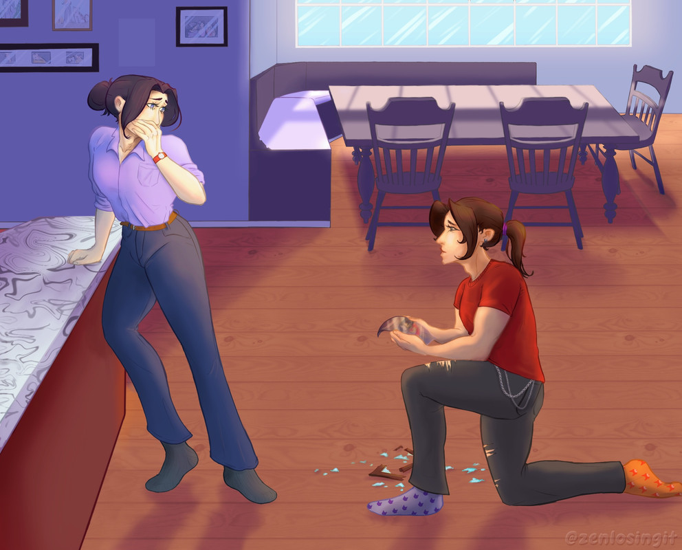 Jiang Cheng and Wei Wuxian are in a sunlit dining space, staring at each other. Jiang Cheng is wearing a purple button-up, dark blue jeans, and gray socks as he leans against a marble counter top behind him, looking down in shock at Wei Wuxian with a hand covering his lower face. Wei Wuxian kneels on the floor wearing a red shirt, torn-up gray jeans, and mismatched socks of cat and fox prints, and stares up forlorn as he holds a blurred photograph of the two together; a shattered picture frame lays around his feet.