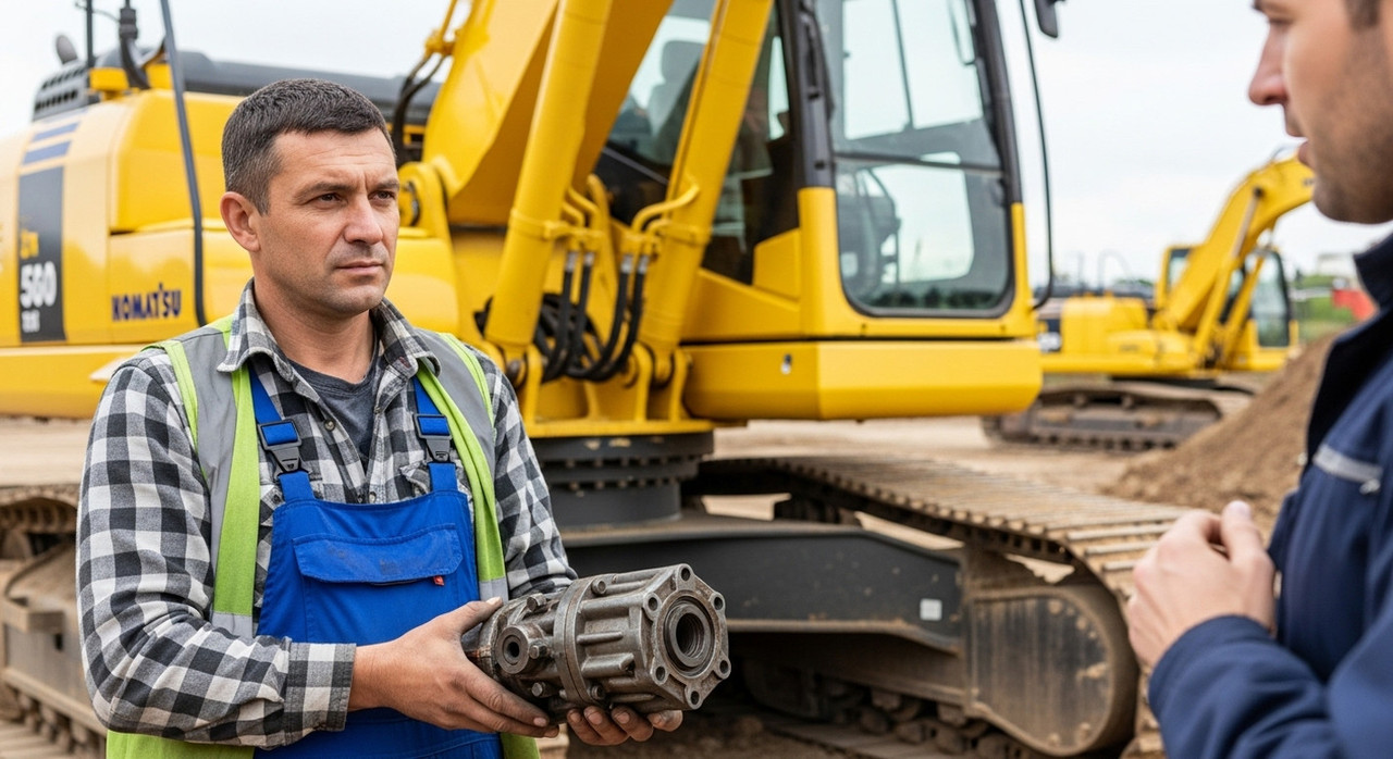 Механики обсуждают запчасти для экскаватора на строительной площадке