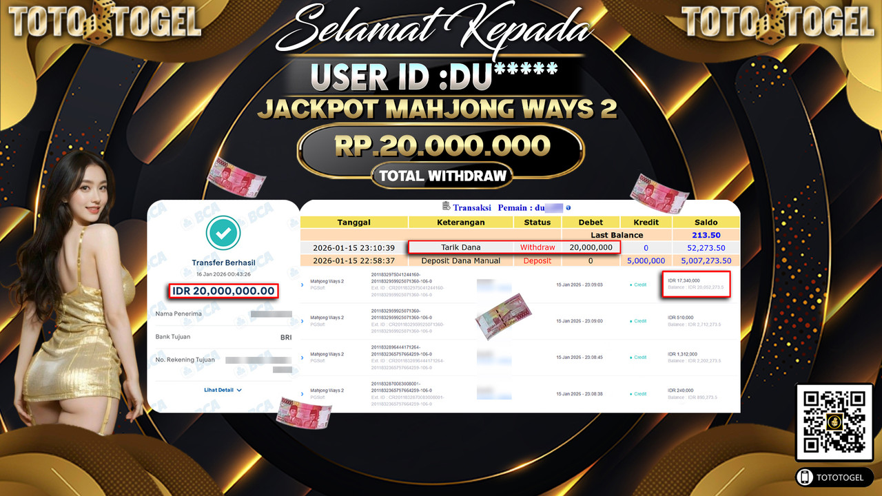 Bukti Pembayaran Jackpot Permainan Slot Mahjong Ways 2 ID:DU*****LUNAS