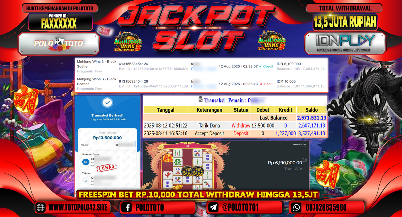 POLOTOTO JACKPOT SLOT MAHJONG WINS 3 - BLACK SCATTER Rp.13.500.000,-LUNAS