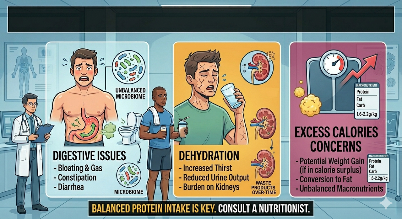 Protein intake optimal range chart showing 1.6-2.2g/kg for muscle growth and high protein diet safety limits