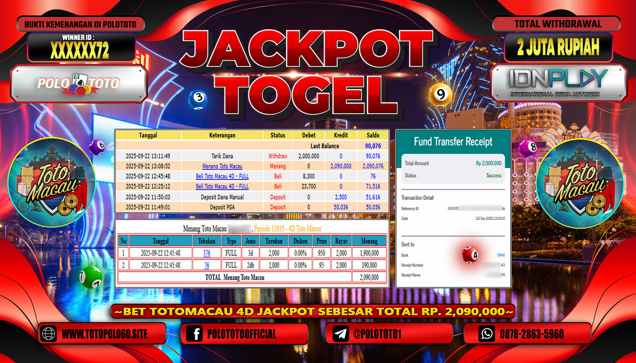 POLOTOTO JACKPOT TOGEL TOTO MACAU Rp.2.000.000,- LUNAS