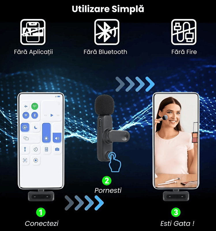 microfon lavaliera wireless USB-C, microfon clip-on wireless pentru smartphone, microfon lavaliera wireless pentru Android, microfon wireless pentru vlogging, microfon wireless pentru interviuri, microfon wireless pentru podcasting, microfon wireless pentru YouTube, microfon wireless pentru TikTok, microfon wireless pentru live streaming, microfon wireless pentru inregistrare video, microfon wireless omnidirectional, microfon wireless cu reducere a zgomotului, microfon wireless plug and play, microfon wireless cu incarcare USB-C, microfon wireless cu autonomie lunga, microfon wireless compatibil OTG