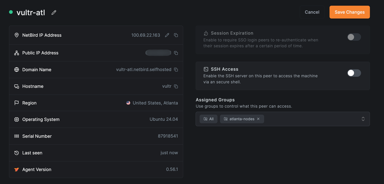 Peers tab showing vultr-atl assigned to the atlanta-nodes distribution group