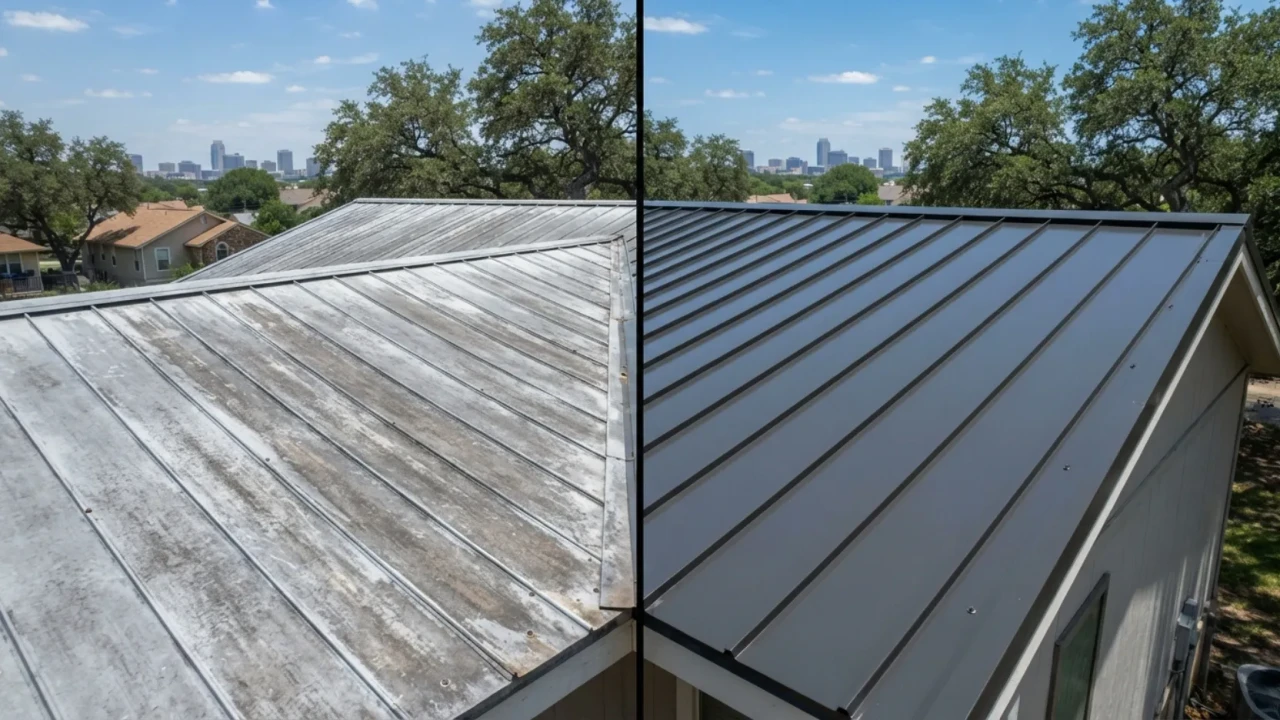 Metal roof painting before and after comparison San Antonio showing faded versus freshly painted panels