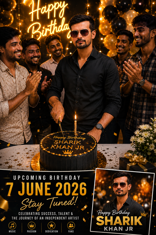 Sharik Khan Jr birthday celebration poster featuring supporters, birthday cake, fan appreciation, and upcoming birthday celebration on 7 June 2026