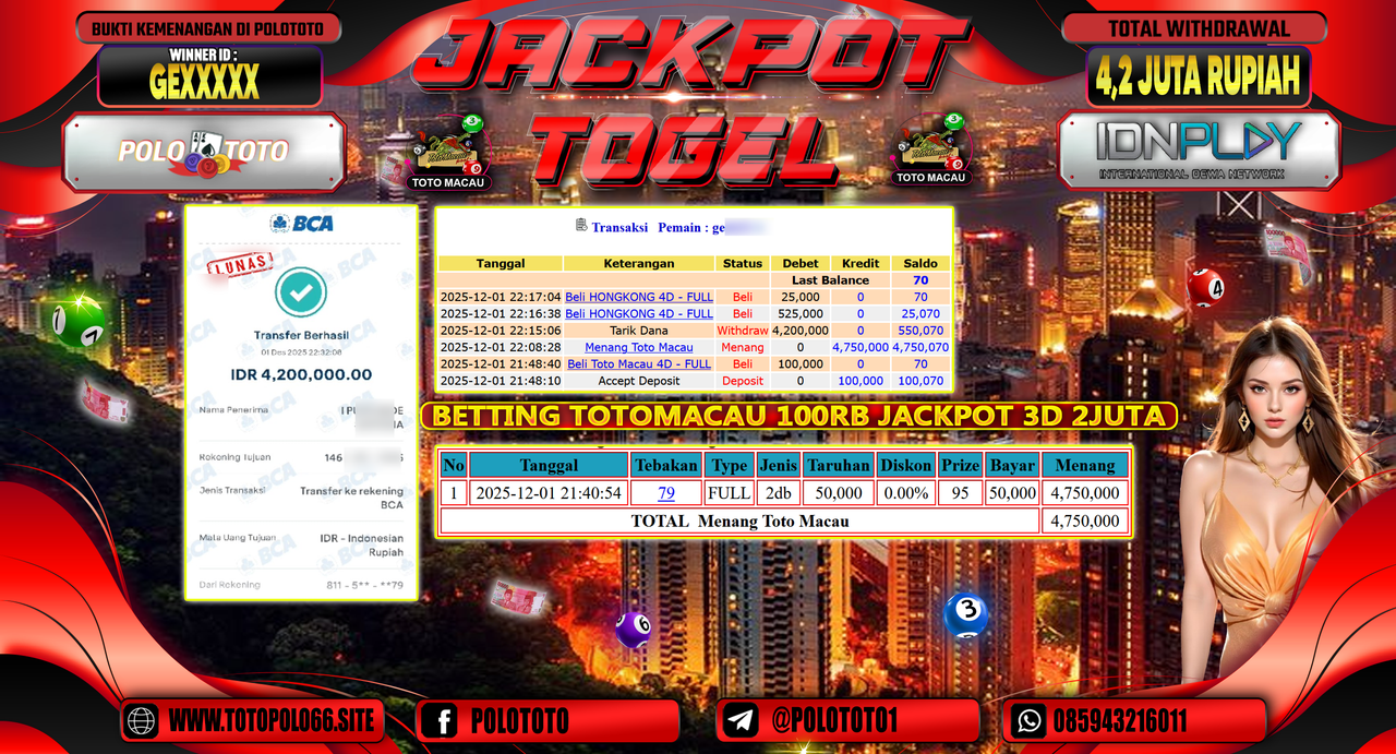 POLOTOTO JACKPOT TOGEL MENANG TOTO MACAU Rp.4.2000.000,- LUNAS