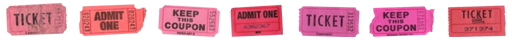 line of pink & red ticket stubs that read "ticket", "admit one", and "keep this coupon". credit bronzewasp, tumblr.