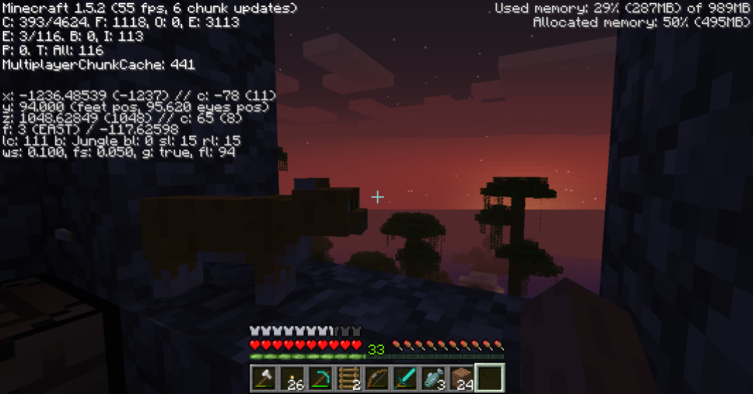 A photo of a cobblestone house suspended in a jungle tree, sun setting through the window. A cat is to the left, and the debug information is open in the top left corner, obscuring part of the screen.