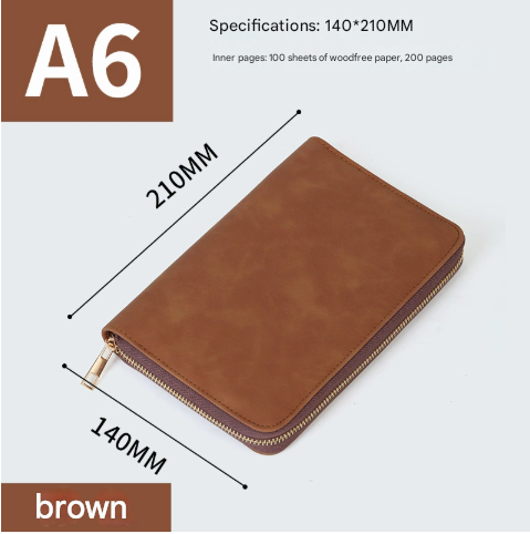 Brown Premium A5 Zippered PU Leather Notebook | 200 Pages High-Quality Paper | Multifunctional Business Organizer & Diary