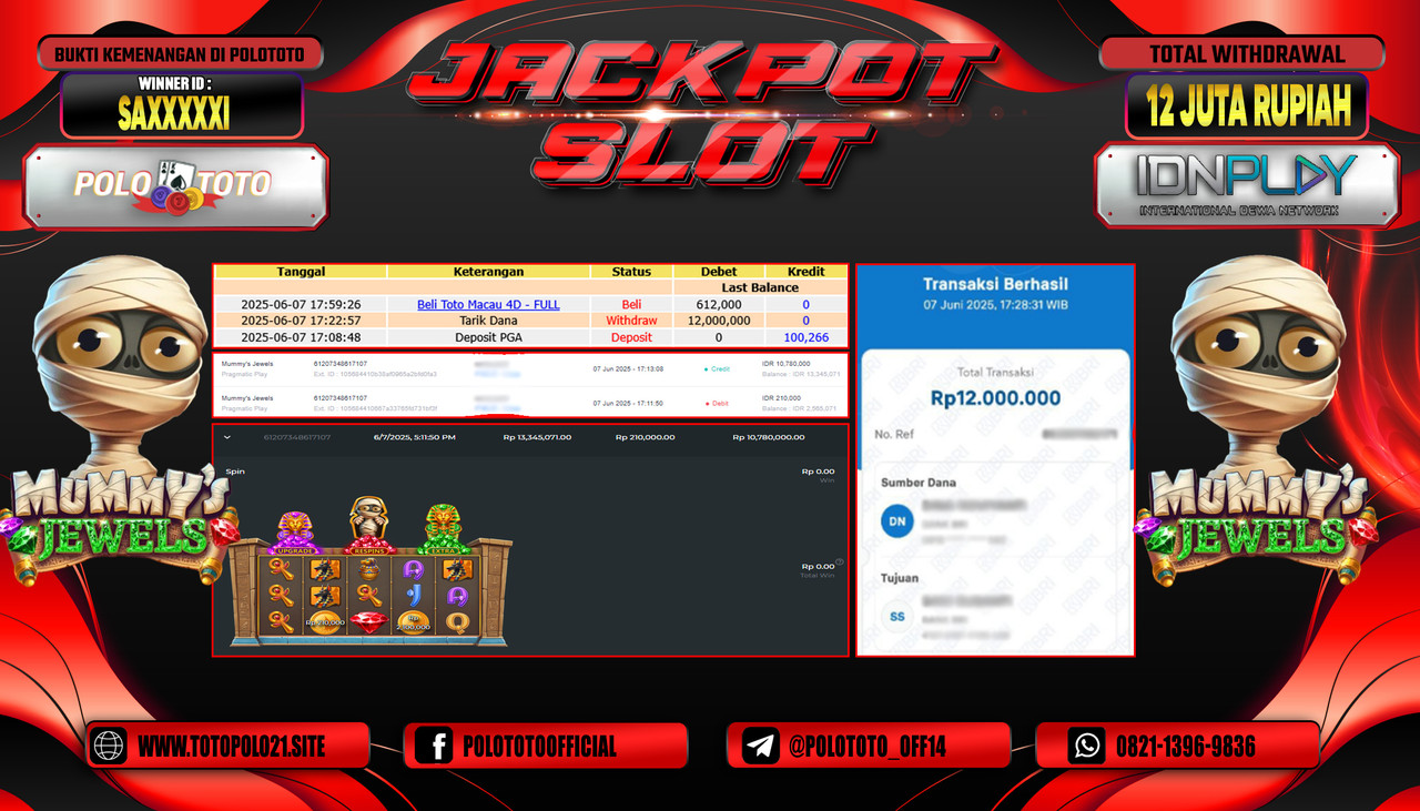 POLOTOTO JACKPOT SLOT MUMMYS JEWELS Rp.12.000.000,- LUNAS