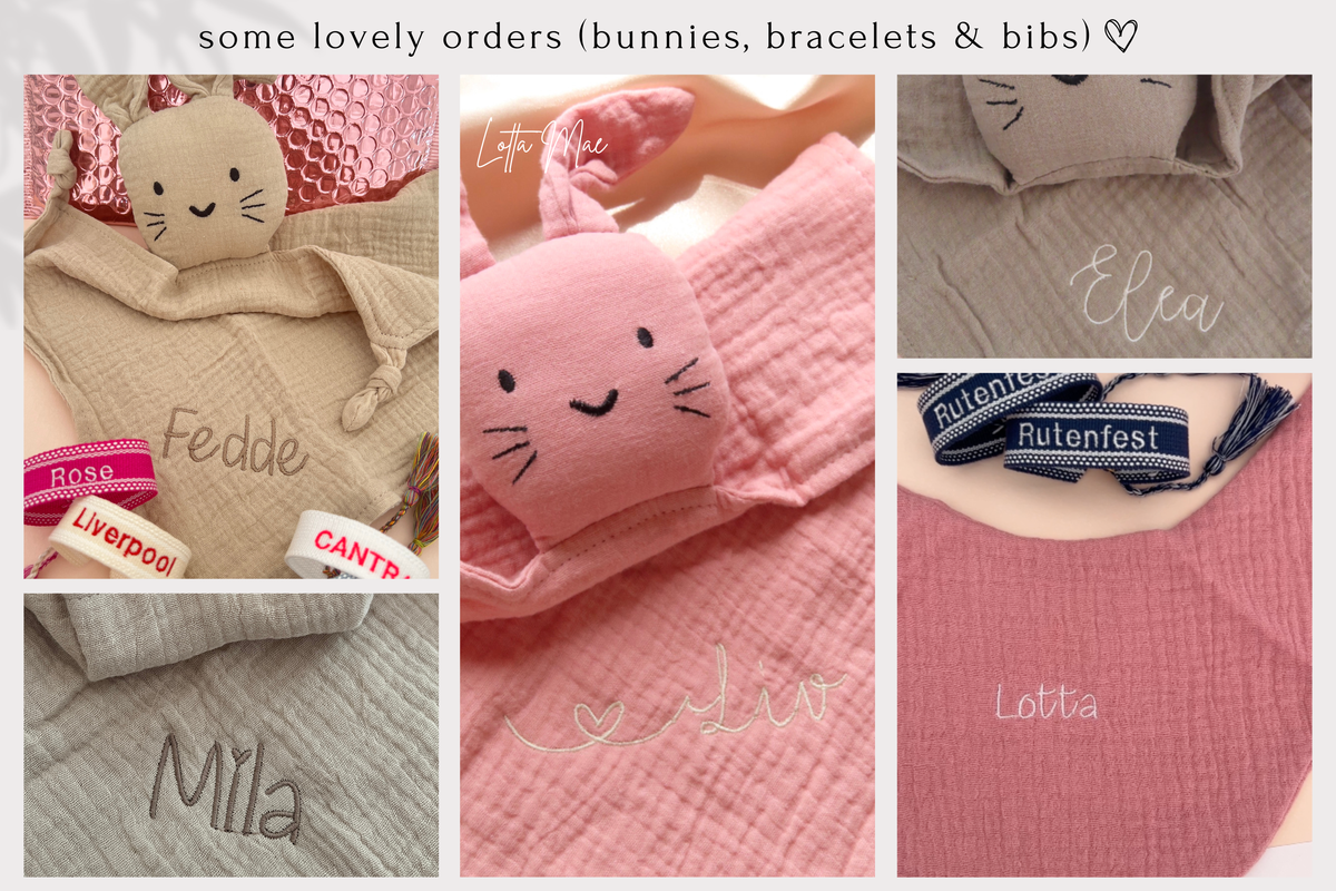 Este peluche de conejito está hecho del algodón muselina 100% más suave, por lo que es perfecto para acurrucarlo y llevarlo contigo. ¡Seguro que se convertirá en el compañero favorito de tu hijo! Además, este peluche tiene un toque especial: puede bordar el nombre o la palabra que desee para hacerlo aún más especial. Perfecto para un baby shower o un regalo de Pascua, este peluche de conejito le aportará años de confort y recuerdos. Con su lujoso tejido, su nombre bordado y su dulce diseño de conejito, este arrullo se convertirá en el compañero favorito de su hijo. 

Además, es lavable a máquina y fácil de cuidar, lo que lo convierte en el compañero perfecto para llevar a todas partes. Su pequeño no querrá soltarlo nunca. Consigue hoy mismo un peluche Bunny Cuddle Cloth y deja que tu hijo se acurruque con su nuevo mejor amigo.