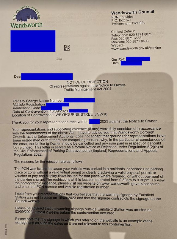 Notice of rejection front