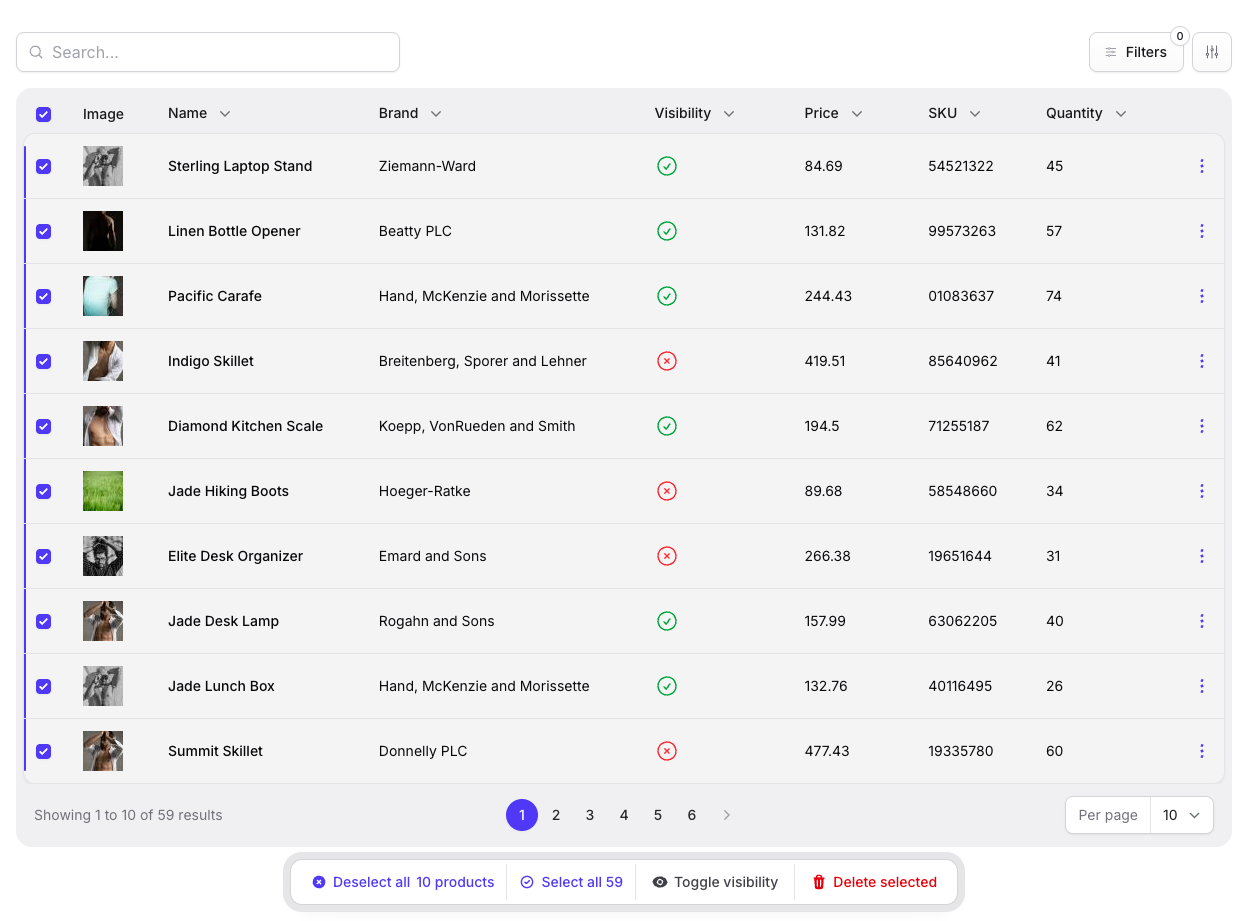 Stature Theme product table bulk actions in light mode