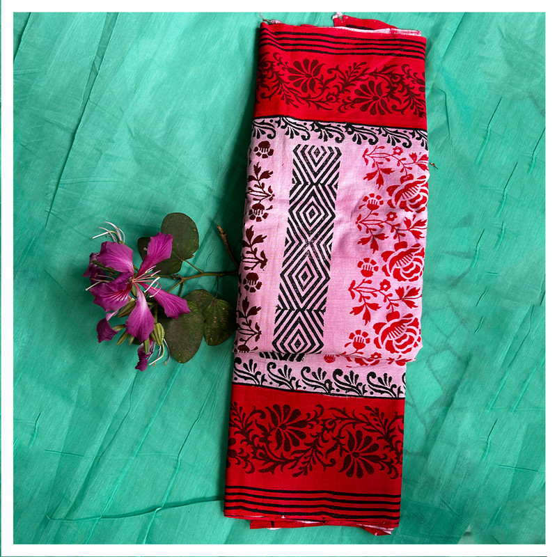 Hand Block Printed Pink Cotton Saree with Black and Red Floral Design