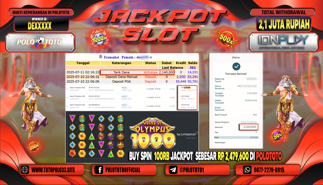 POLOTOTO JACKPOT SLOT GATES OF OLYMPUS 1000 Rp.2.140.000,-