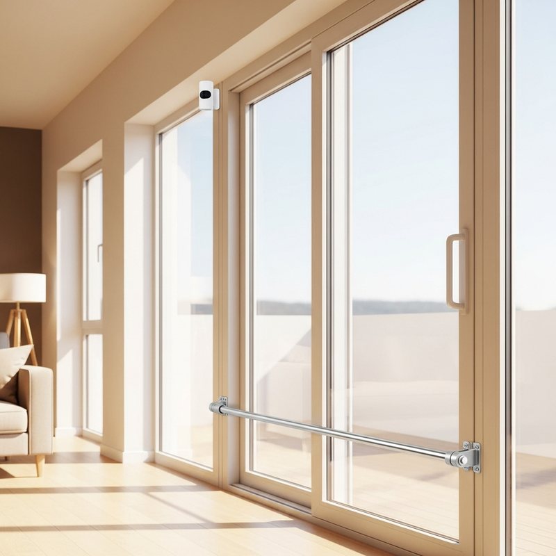 Secured sliding glass door showing security bar track lock and sensor for complete home protection