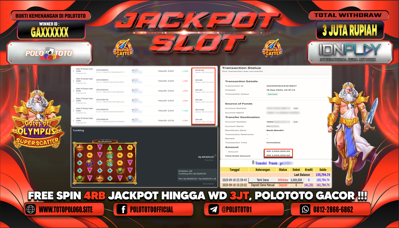 POLOTOTO JACKPOT SLOT GATES OF OLYMPUS SCATTER Rp.3.000.000,-